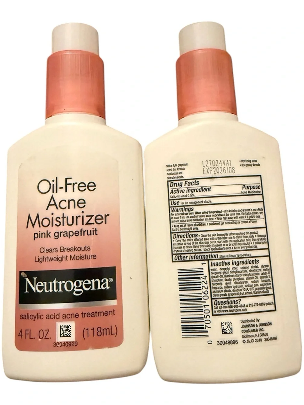 TWO (2) Neutrogena Oil-Free Acne Moisturizer - Pink/White NWT